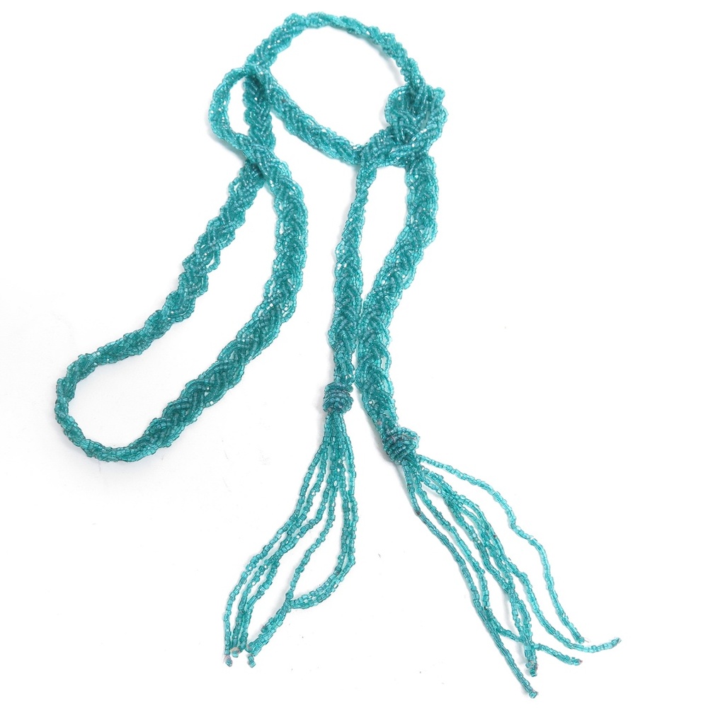 Turquoise Blue Seed Bead Braided Lariat Necklace Tassel Boho Wrap Belt 46 Inch